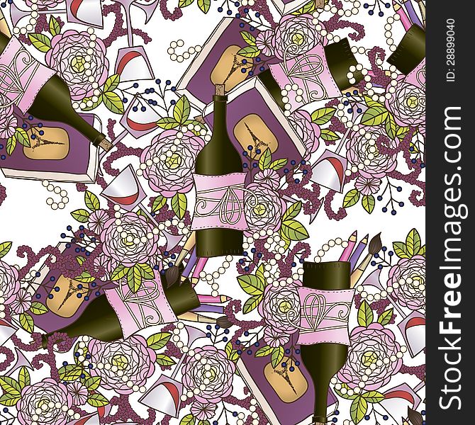 Vector romantic seamless background with wine and flowers. Vector romantic seamless background with wine and flowers