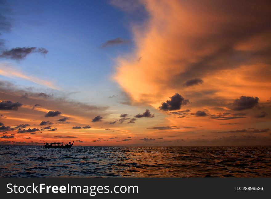 Fisherman Boat With Sunset Sky, Thailand.