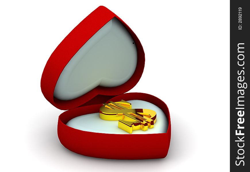 Very beautiful three-dimensional illustration, figure. Box as heart with dollar. 3d. Very beautiful three-dimensional illustration, figure. Box as heart with dollar. 3d