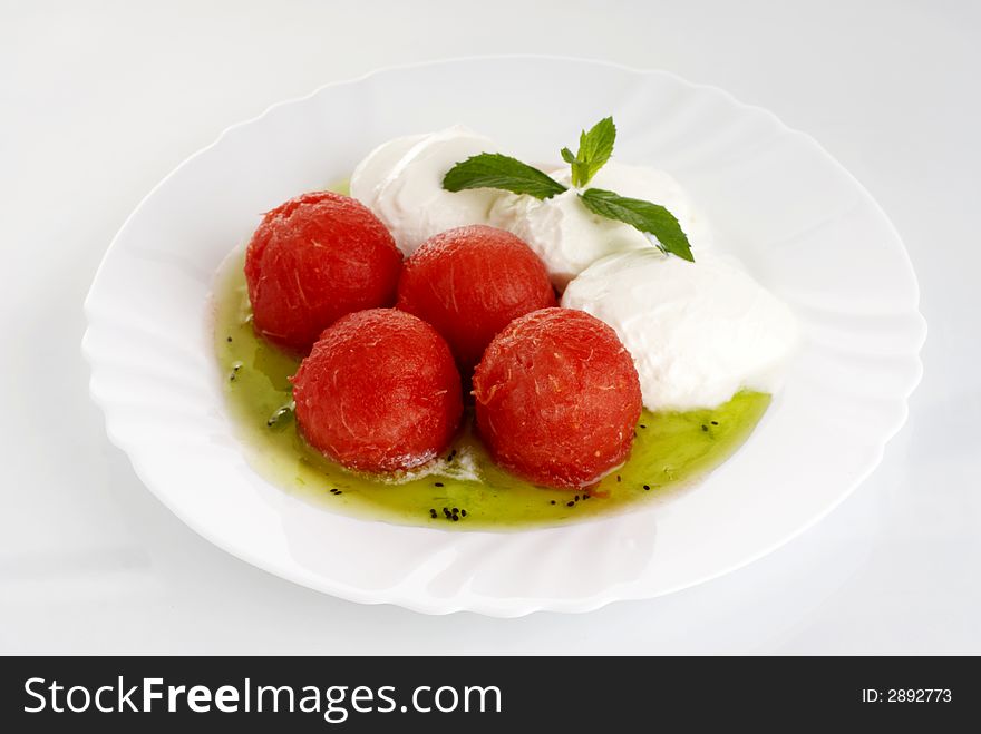 Balls from watermelon with yogurt