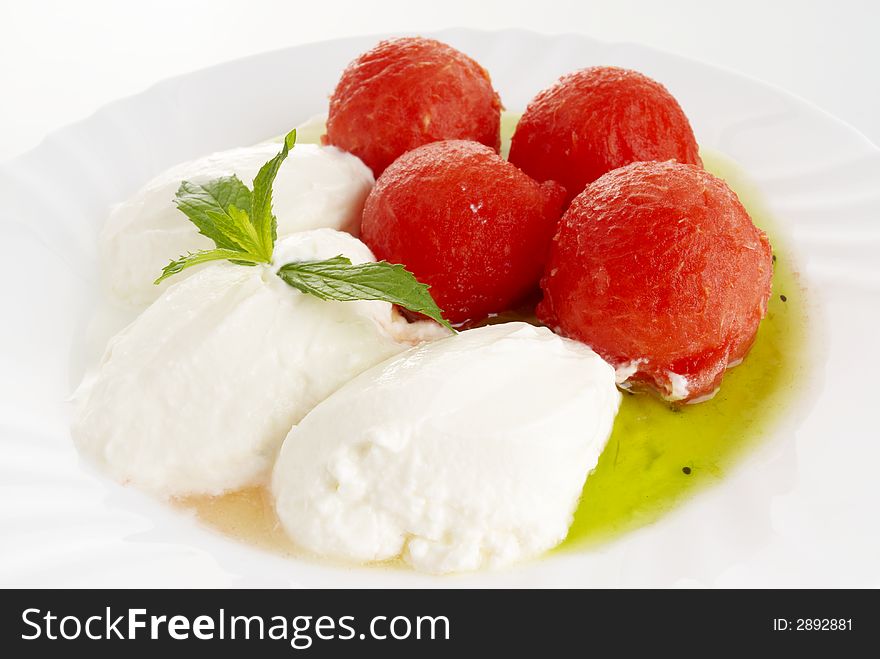 Balls from watermelon with yogurt