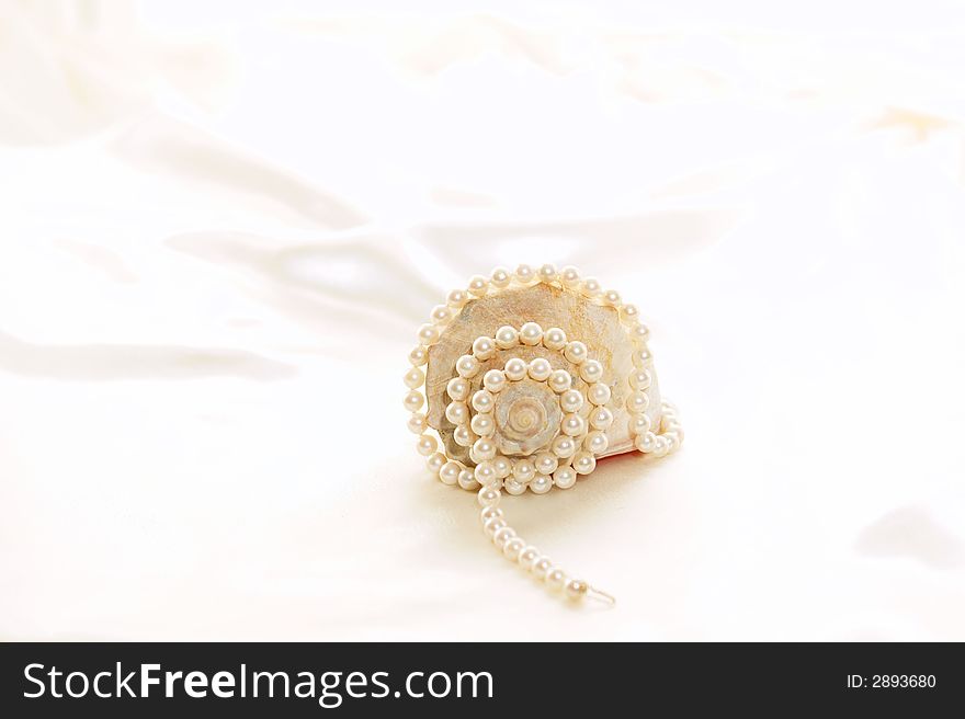 Beautiful brown  and white conch shell against a white satin background with pearls. Beautiful brown  and white conch shell against a white satin background with pearls