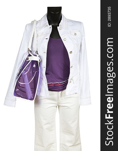 White jacket, beige jeans and violet vest
