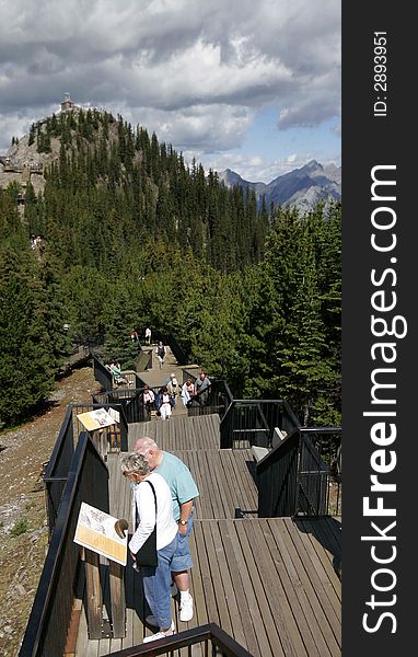 People along the boardwalk at the top of Sulfer Mountain in Banff National Park. People along the boardwalk at the top of Sulfer Mountain in Banff National Park