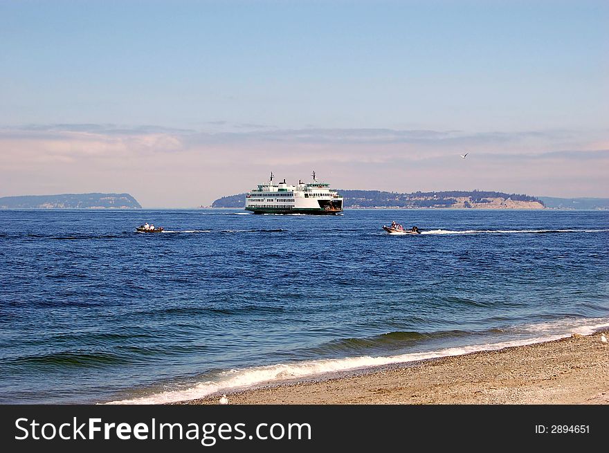 Ferry boat under sunset