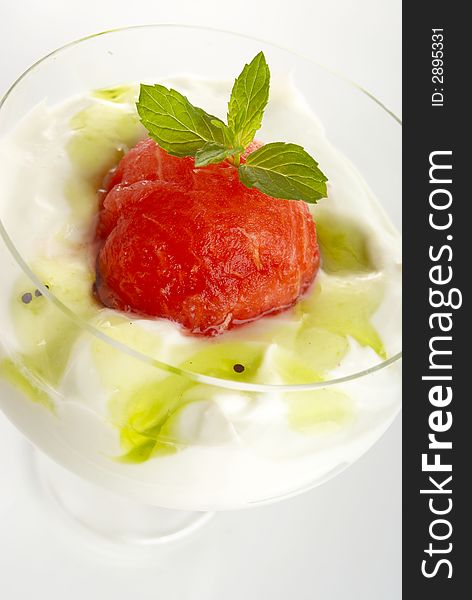 Watermelon fruit salad with melon and yogurt