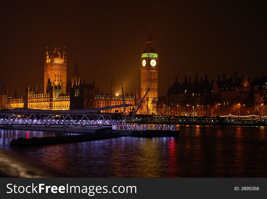 Houses of Parliament and Big Ben across the river Thames at night