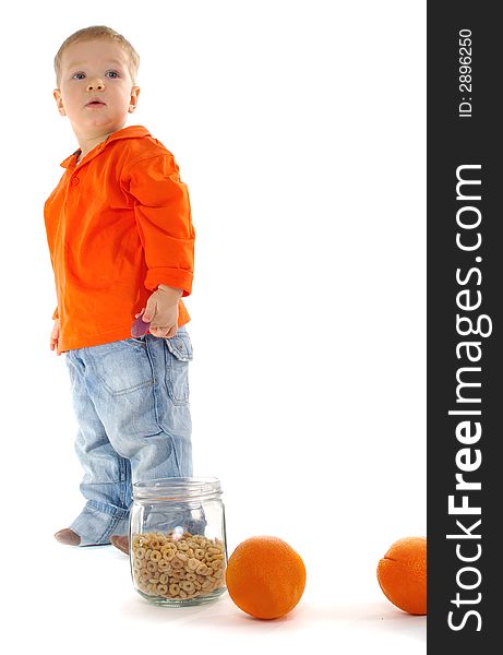 Portrait of Five-year happy old boy with orange fruit. . Portrait of Five-year happy old boy with orange fruit.