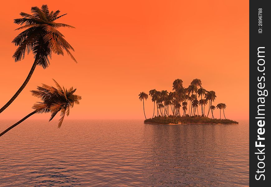 Sunset coconut palm trees on small island - 3d illustration.