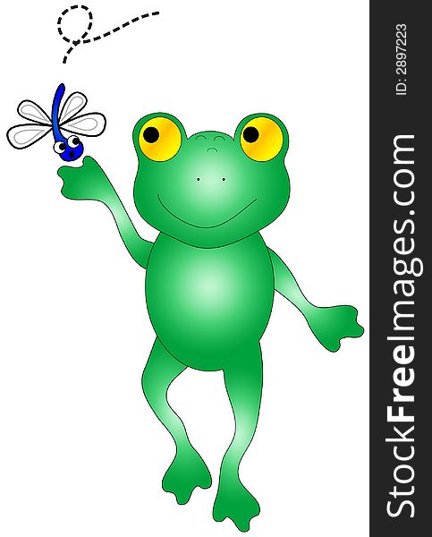 Happy frog catching a colorful fly, clip-art. Happy frog catching a colorful fly, clip-art.
