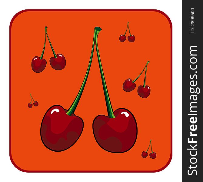 Illustration of cherries set against orange background