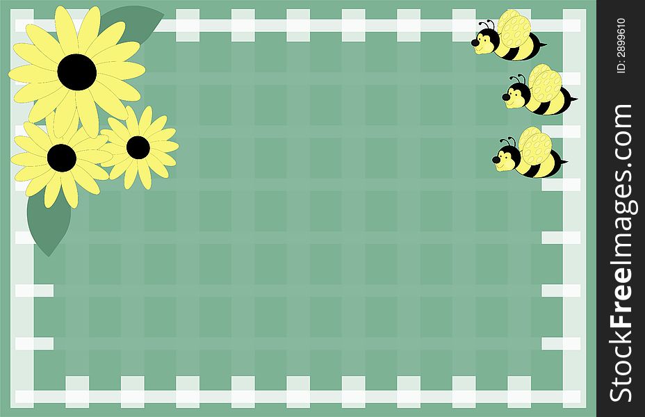 Green plaid honey bee and daisy background. Green plaid honey bee and daisy background.