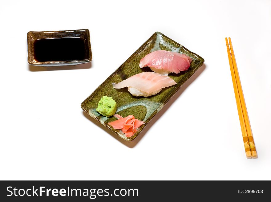 The plate of nigiri sushi on white background