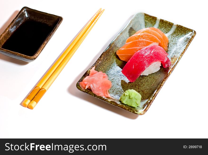 The plate of nigiri sushi on white background