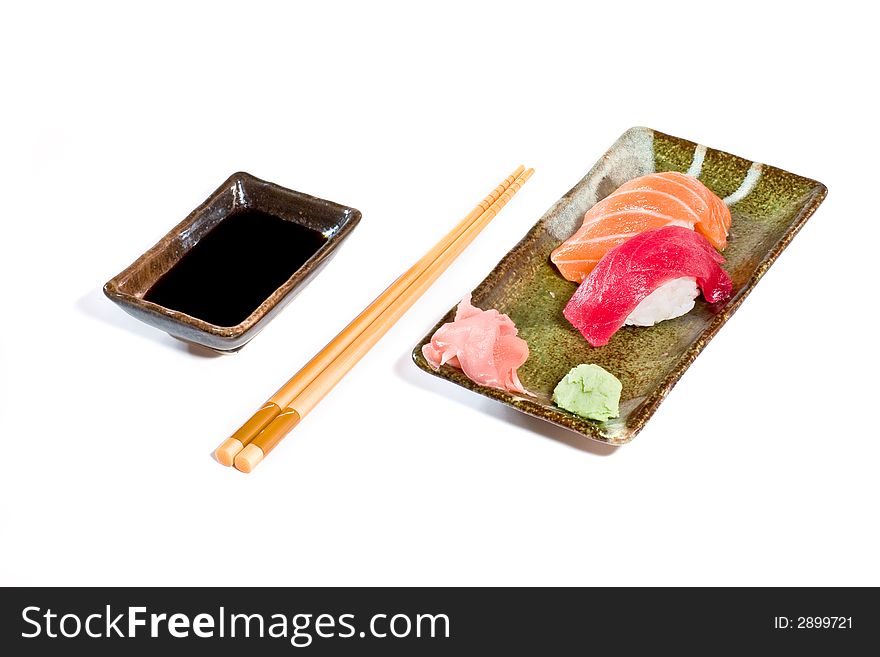 The plate of nigiri sushi on white background