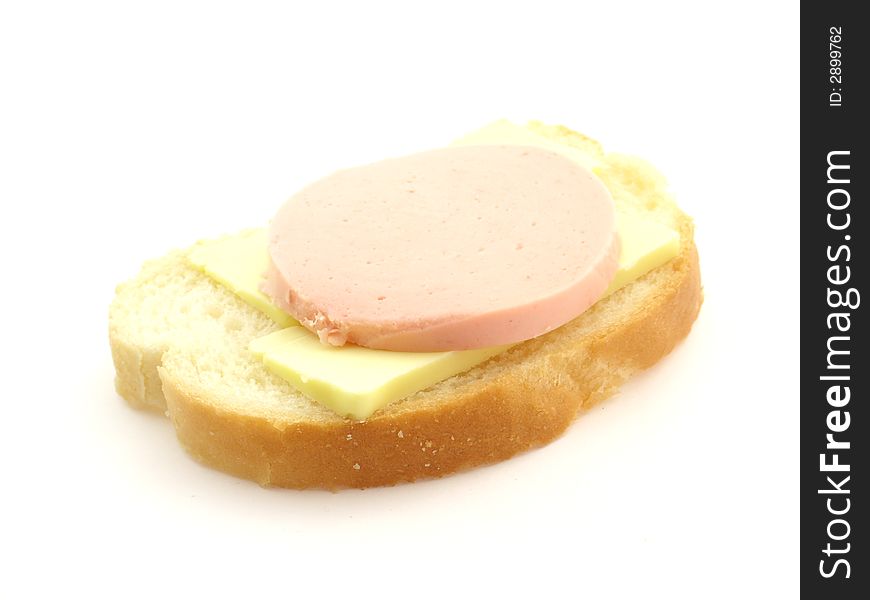 Sandwich with butter and sausage on white background