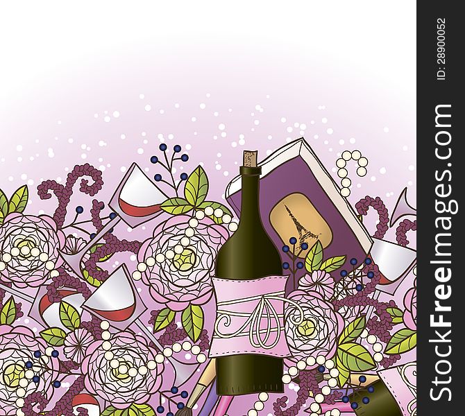 Vector romantic background with wine and flowers. Vector romantic background with wine and flowers