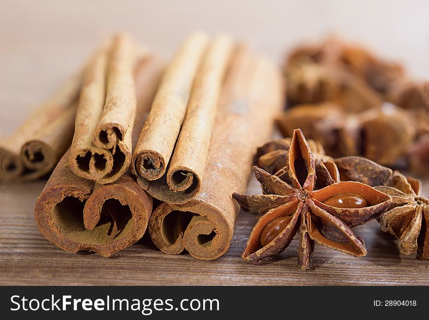 Closeup of cloves , cinnamon sticks and anise stars spices.