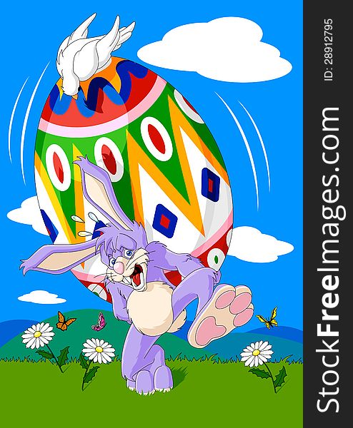 Illustration of a funny easter bunny carrying a huge and coloured easter egg. On the egg there is a white dove. Spring landscape. Available in vector EPS format.