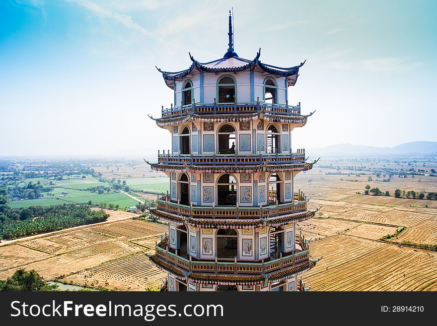 Chinese-style pagoda. at Wat Tham Khao Noi, temple in Kanchanaburi, Thailand.