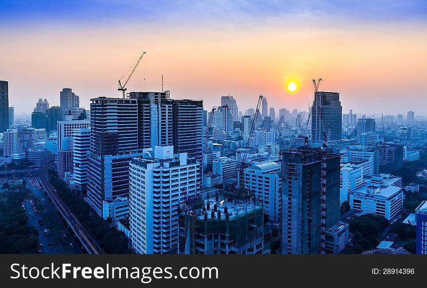 Construction site at sunset, Bangkok Thailand