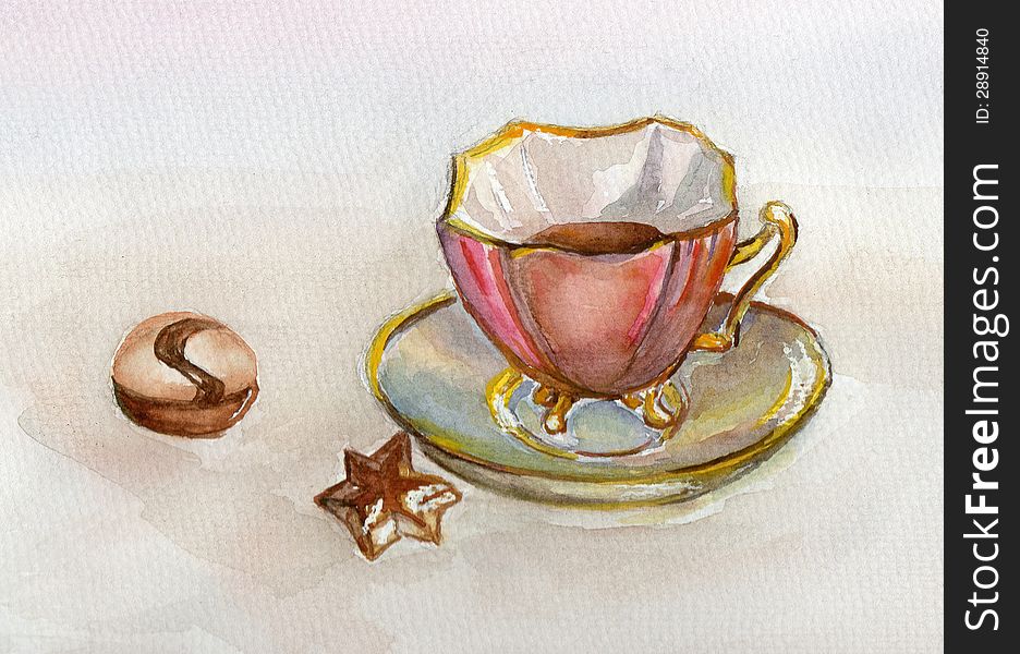 Watercolor illustration of coffee cup and chocolate candies. Watercolor illustration of coffee cup and chocolate candies