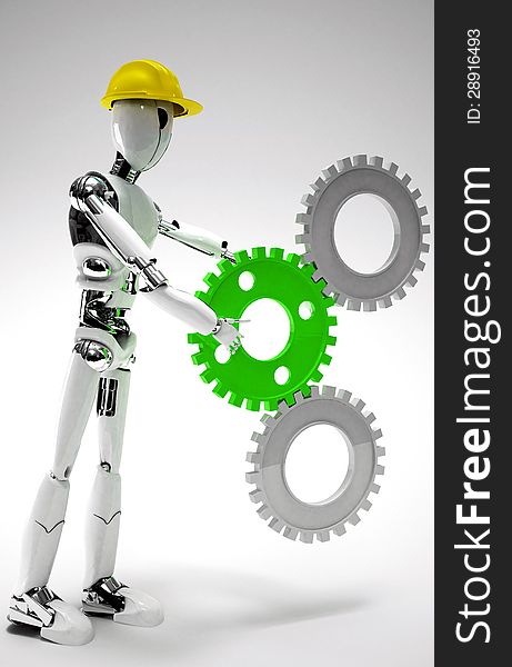 Robot worker with gears isolated in white background