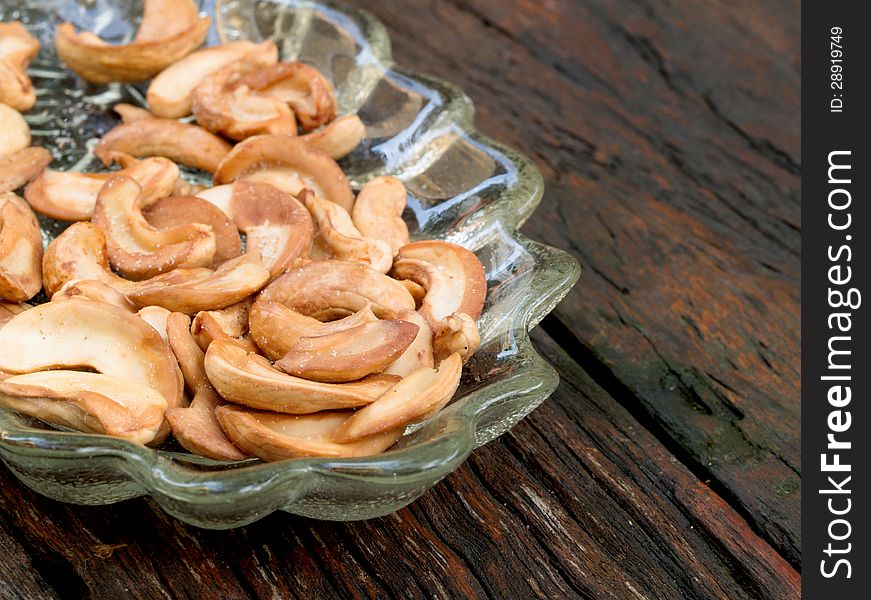 Close up of cashew nuts in glass dish