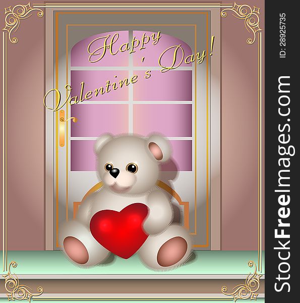 Greeting card with teddy bear and door