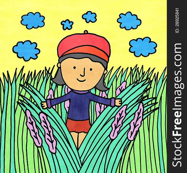 A cartoon illustration of a girl in a grassy field