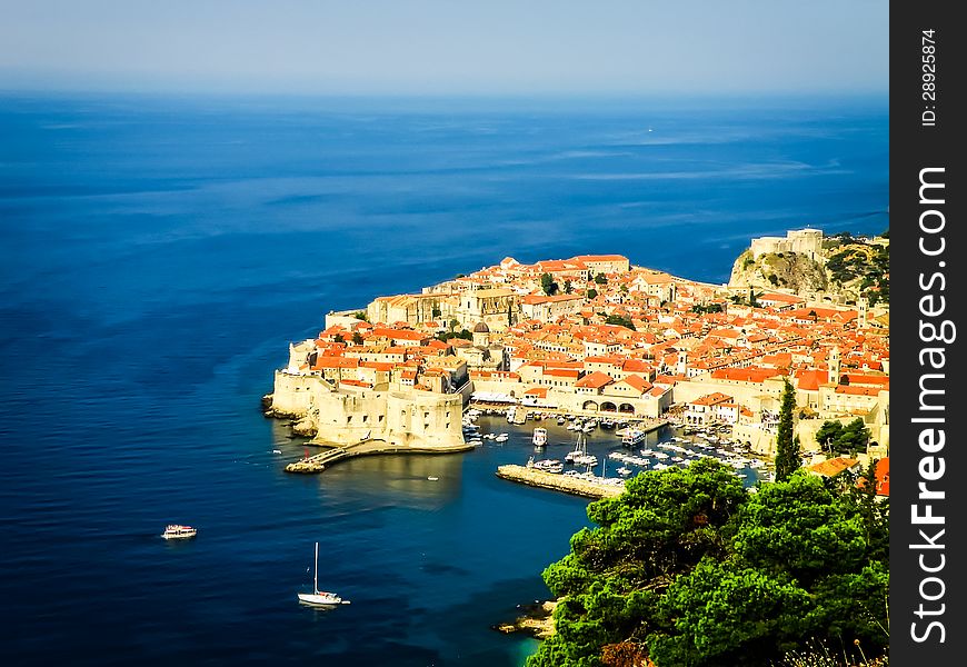 Dubrovnik old town view, blue ocean, harbour, Croatia. Dubrovnik old town view, blue ocean, harbour, Croatia