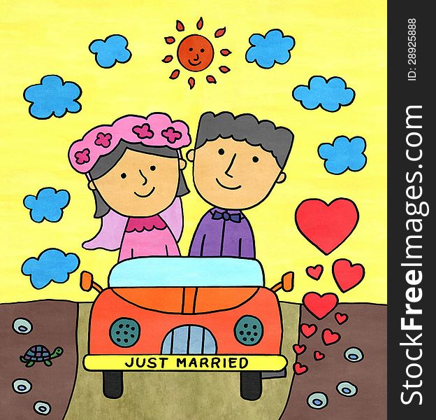 A colorful illustration of a newly wed couple riding a car. A colorful illustration of a newly wed couple riding a car