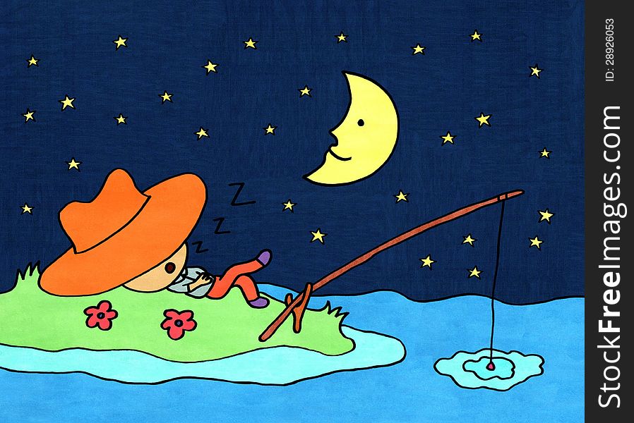 A man fell asleep while trying to catch a fish during night time. A man fell asleep while trying to catch a fish during night time