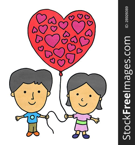 A cute cartoon couple holding a big heart balloon filled with hearts. A cute cartoon couple holding a big heart balloon filled with hearts