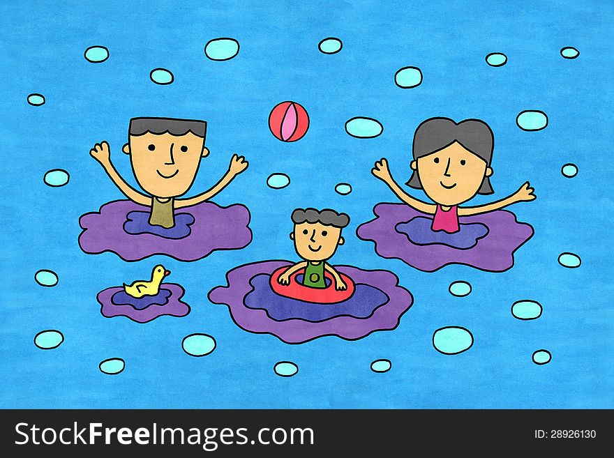 A cartoon illustration of a family playing beach ball at the beach