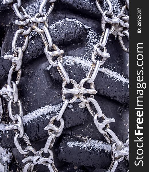 Tire chains on heavy duty tractor tire