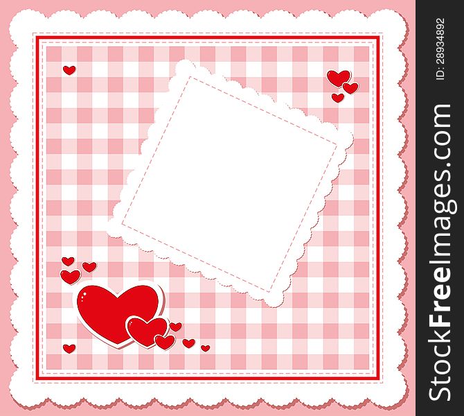Red hearts on the checkered napkin in a white-pink cage. Red hearts on the checkered napkin in a white-pink cage