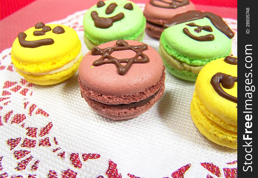 Close up of Macaroons with chocolate graphics on them. Close up of Macaroons with chocolate graphics on them