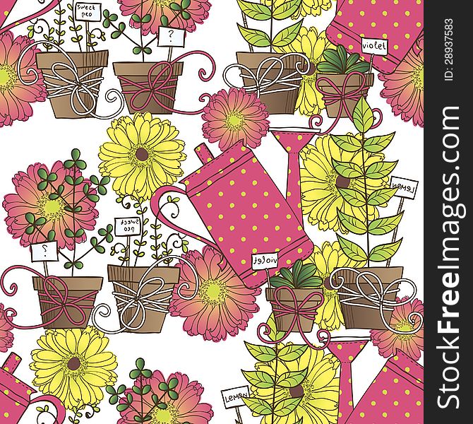 Vector bright background with flowers, plant and watering pot. Vector bright background with flowers, plant and watering pot
