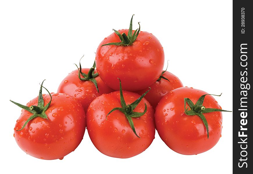 Six tomatoes with water drops. Six tomatoes with water drops