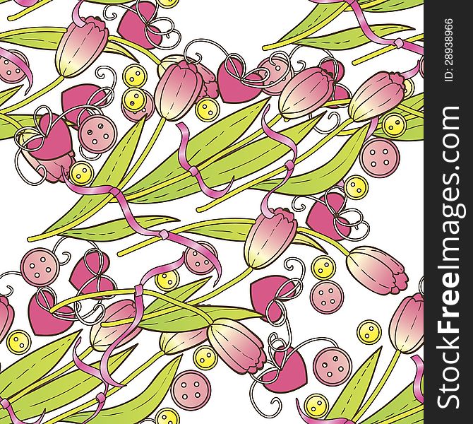 Vector valentine's pattern with tulips and hearts. Vector valentine's pattern with tulips and hearts