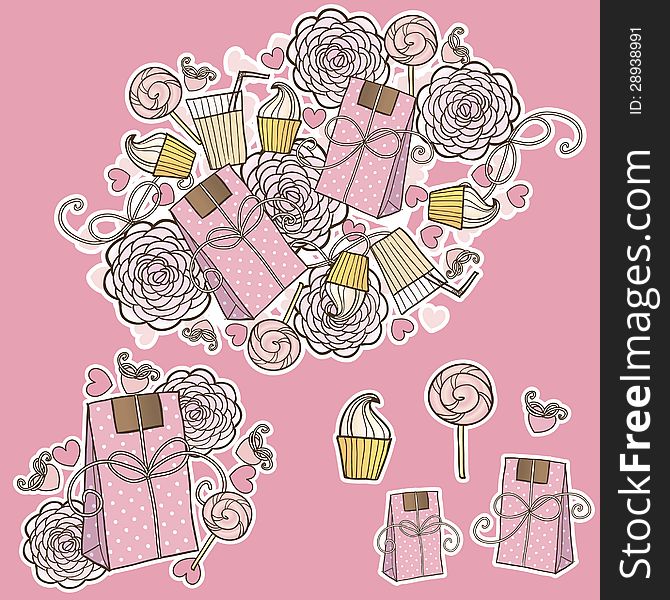 Vector pink valentine's background with gift and hearts. Vector pink valentine's background with gift and hearts