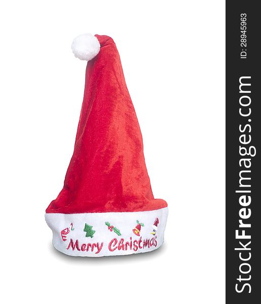 Red santa claus hat over white background