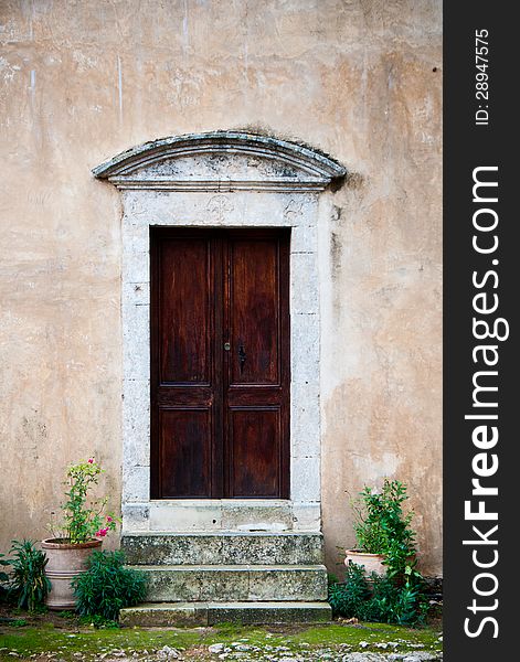 Closed church door from the Monastery of Arcadia in Crete, Greece