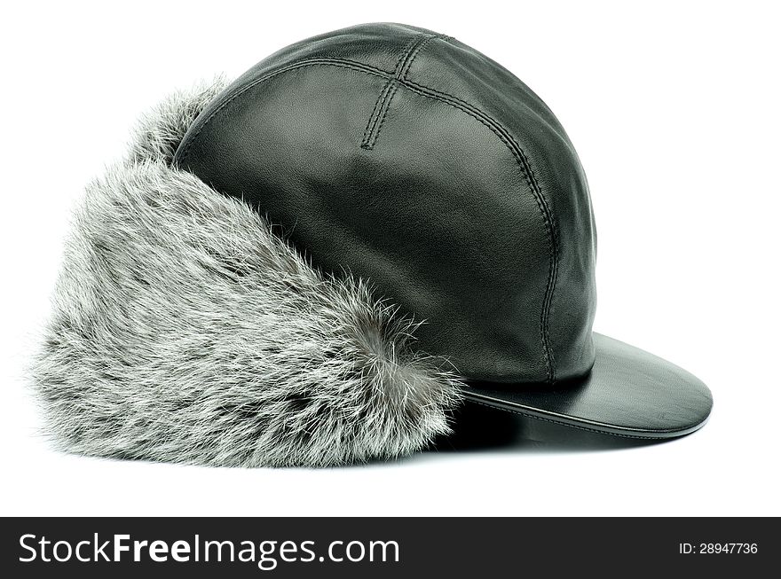 Black Leather Winter Fur Hat with Ear Flaps isolated on white background