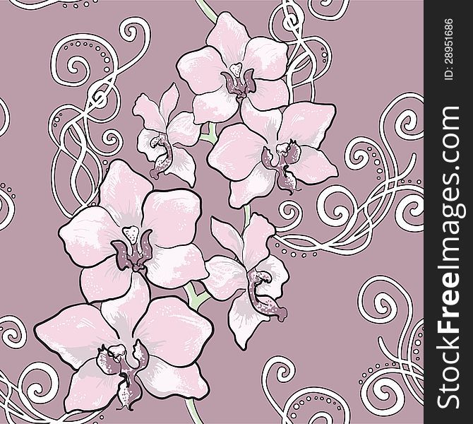 Seamless floral pattern with orchid with twirls in brown fone