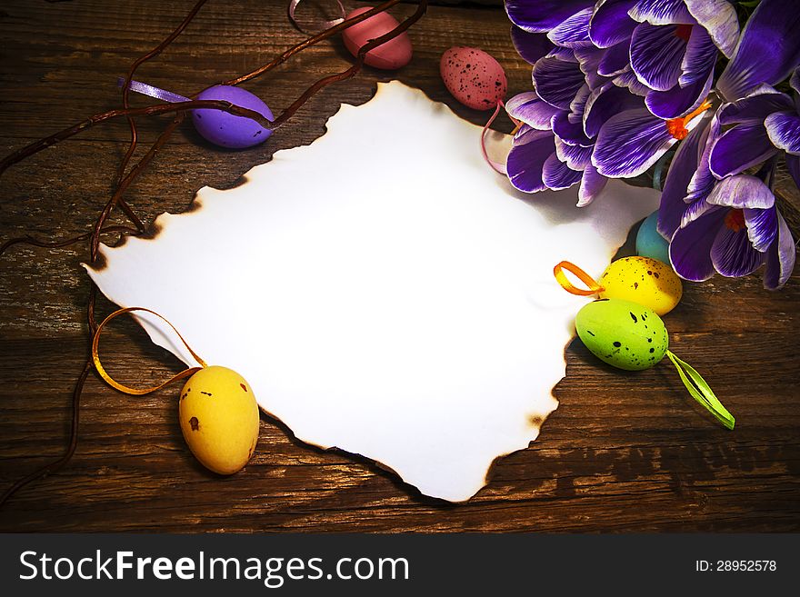 Art Easter decoration with blank card, eggs and crocus. Art Easter decoration with blank card, eggs and crocus