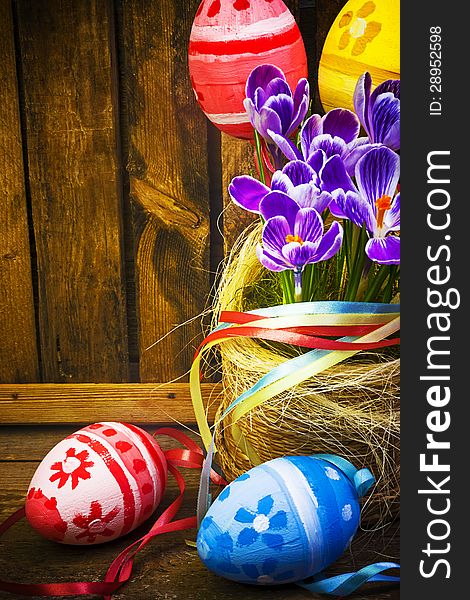 easter decoration eggs spring flowers crocus baske