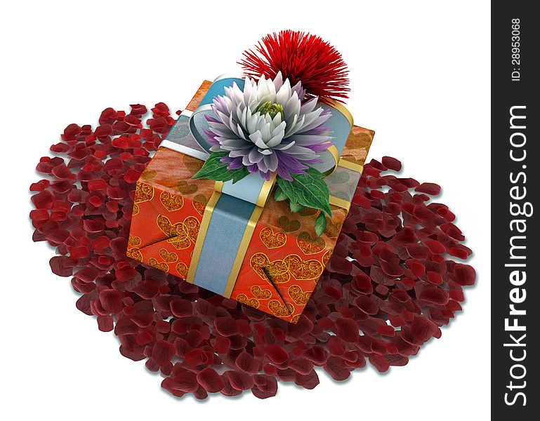 Holiday flowers with gift box and rose petals as heart