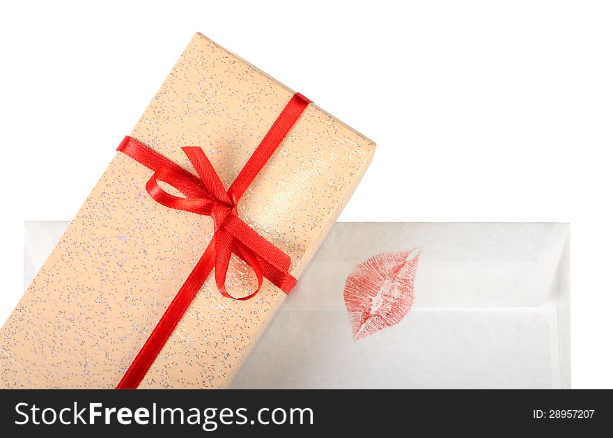 Gift box and love letter isolated on white